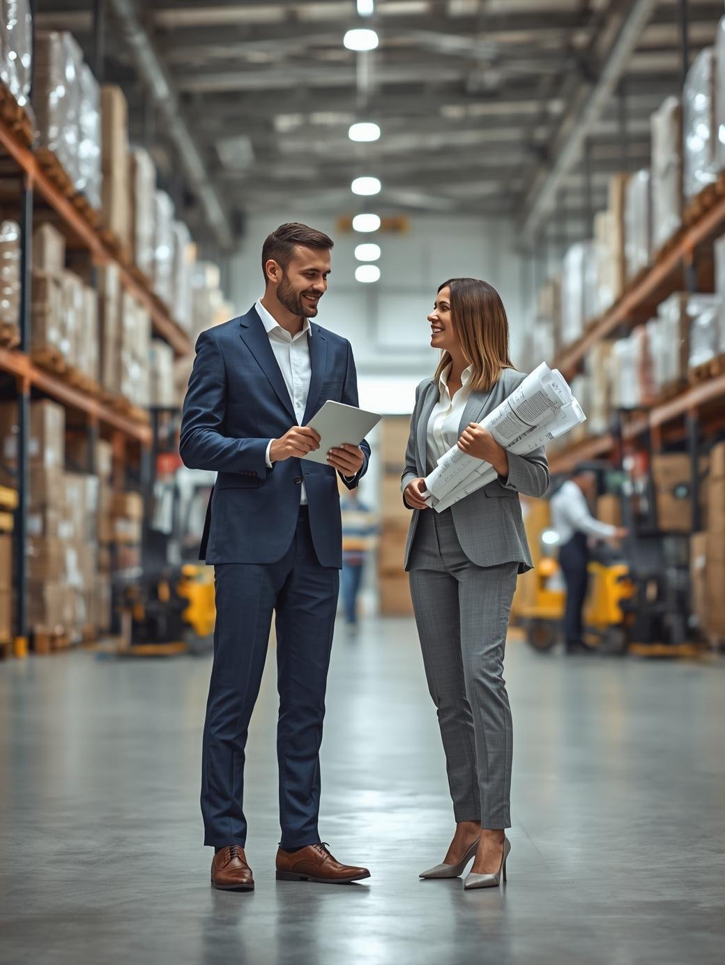 A medium shot portrait captures two professional logistics leaders, a man and a woman, standing with space side-by-side in a brightly lit, clean, and organized warehouse. The man, wearing a sharp business